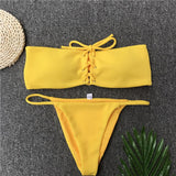 YF00762 Solid Thong Bandage Bikini Push Up Set Bandeau Sexy Women