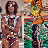 KLV Women African Print Bikini Set Swimwear Push-Up