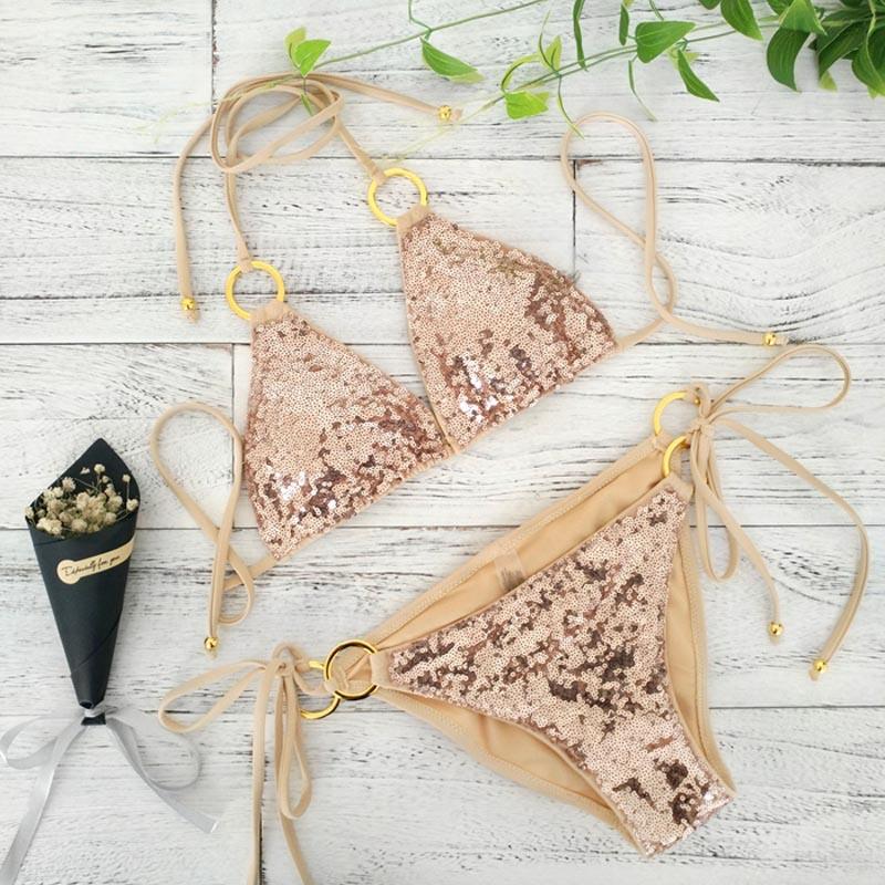 303 Sexy Bikinis Sequins Golden Women Bandage Bikini Set Push Up