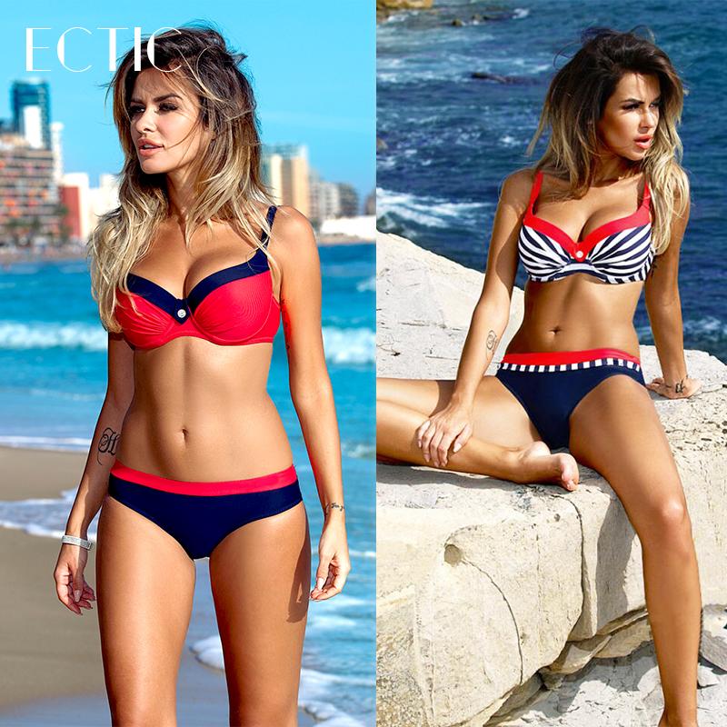 ECTIC swimwear women 2018 suit bathing bikini set push up sexy solid red two piece swimsuit female ladies hotties takini striped