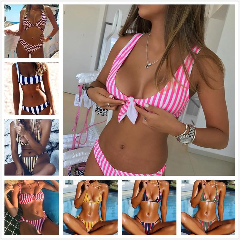 Four Persons Powers 2018 Brazilian Biquini Push Up Swimwear Women  Rayas Print Swimsuit Bikini Set Bandage ZH03
