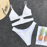 Pfflook sexy solid women swimsuit 2018 halter beachwear bikini set summer hollow out bathing suit female mid waist  2 pc sets