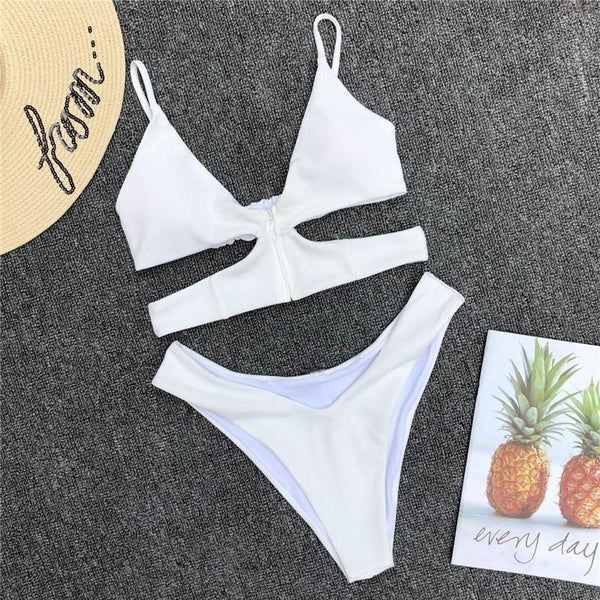 Pfflook sexy solid women swimsuit 2018 halter beachwear bikini set summer hollow out bathing suit female mid waist  2 pc sets