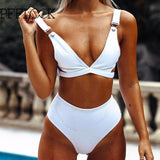 Pfflook sexy solid women swimsuit 2018 halter beachwear bikini set summer hollow out bathing suit female mid waist  2 pc sets