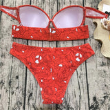 Pocket Girl 2018 Sexy Women Bandeau Red Bikini Set Push Up Print Swimwear Summer Swimsuits Slim Bathing Suit Brazilian Biquini