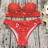 Pocket Girl 2018 Sexy Women Bandeau Red Bikini Set Push Up Print Swimwear Summer Swimsuits Slim Bathing Suit Brazilian Biquini