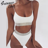 String push up bikini women 2018 Sexy shiny swimsuit female Sport solid swimwear summer bathers bathing suit bandeau beachwear