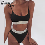 String push up bikini women 2018 Sexy shiny swimsuit female Sport solid swimwear summer bathers bathing suit bandeau beachwear