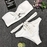 Swimsuit Women High Waist Hollow Out Bikini Maillot De Bain Femme 2018 Strapless Bandeau Biquini Tie Up Swimsuit Bandeau Femme