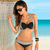 Two-Piece Separates 2018 Women Halter Mid Waist Bikini Push Up Swimsuit Female Plus Size Bikini Patchwork Swimwear Underwear
