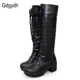 Lace Up Knee High Boots Women Autumn Soft Leather Fashion White Square Heel Woman Shoes Hot Sale