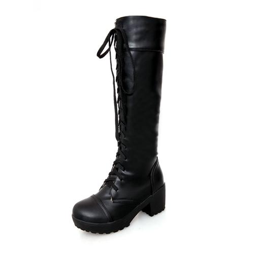 Lace Up Knee High Boots Women Autumn Soft Leather Fashion White Square Heel Woman Shoes Hot Sale