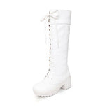 Lace Up Knee High Boots Women Autumn Soft Leather Fashion White Square Heel Woman Shoes Hot Sale