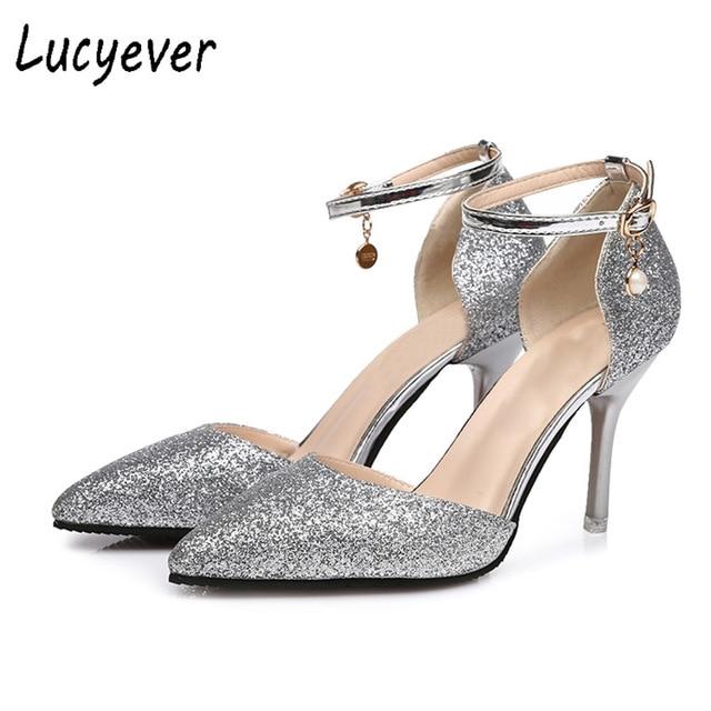 Fashion Buckle Crystals Bling Pumps Women Elegant Thin High Heels Point toe Party Wedding Shoes Woman Glod Sliver Black