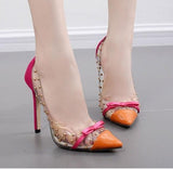 Plus Size 41 Women Pumps Transparent Clear PVC Rivet Bow High heel Stiletto Fashion Shoes Woman Patchwork Sexy Pumps