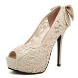 Women's High Heels Sexy Peep Toe Lace Party Shoes Crystal Hollow Platform Bowtie Pumps Plus Size Female Elegant Stiletto