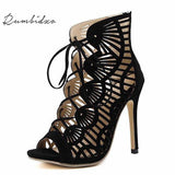 Rumbidzo Brand Women Pumps 2018 Casual Peep Toe  Lace Up Cutouts High Heels Shoes Woman High Heel Gladiator Thin Heel Sapatos