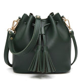 JIARUO Vintage Fashion Small Women Leather Bucket Bag Handbag Tassel Drawstring Shoulder Bag Messenger Crossbody Bags Purses