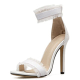 Women Summer Denim Shoes Woman Thin High Heels Gladiator Style Sandals Zip On Party Wedding Shoes