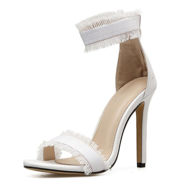 Women Summer Denim Shoes Woman Thin High Heels Gladiator Style Sandals Zip On Party Wedding Shoes