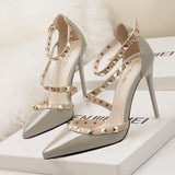 POADISFOO  simple sexy nightclubs high-heeled shallow mouth pointed rivets women's shoes  Ankle Strap High Heel Shoes .ZWM-1138