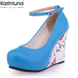 KarinLuna large Sizes 34-43 Wedges High Heels Party wedding Pumps shoe Flower Print Platform Ankle-Strap Women Shoes Woman pumps