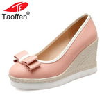 TAOFFEN Classic Brand Women Wedges High Heels Platform Round Toe Pumps Women Girls Bowtie Slip-on Zapatos Mujer Shoes Size 33-43