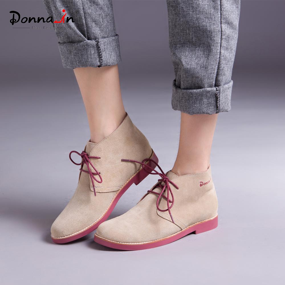 Donna-in Ankle Boots for Women Genuine Leather Casual Shoes Booties Woman Lace up Plus Size Flat Brand Martin Boots Ladies