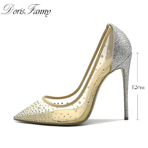 DorisFanny rhinestone Women Pointed Toe Heels Crystal bling Silver Shoes high heels pumps 12cm  see through Party Wedding shoes