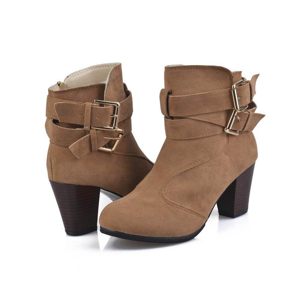 Women Belt Buckle Ladies Faux Boots Ankle Boots High Heels Martin Shoes