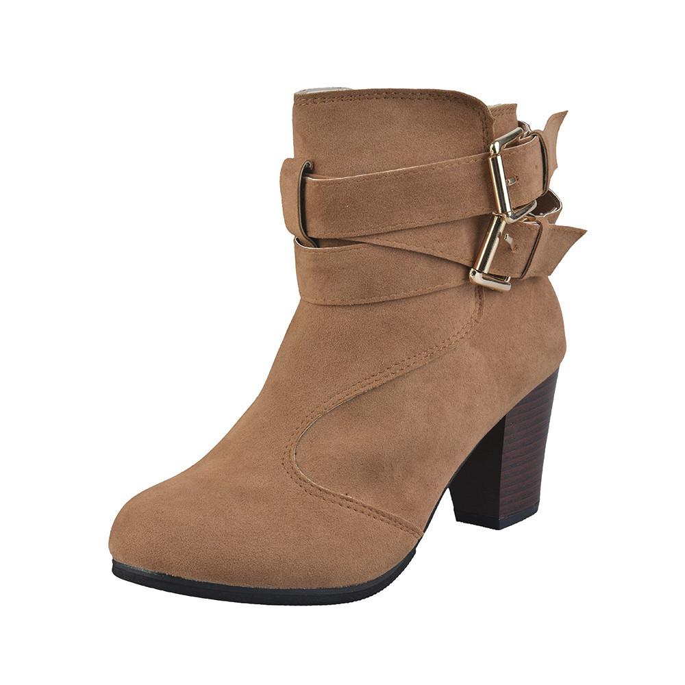 Women Belt Buckle Ladies Faux Boots Ankle Boots High Heels Martin Shoes