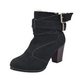 Women Belt Buckle Ladies Faux Boots Ankle Boots High Heels Martin Shoes