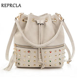 REPRCLA Luxury Brand Women Bucket Bag Fashion Tassel Shoulder Bag High Quality Rivet Messenger Bags Female Crossbody Bag Tote