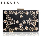 SEKUSA Women Fashion Clutch Bag Beaded Leaf Metal Gold Lady Evening Bag Chain Shoulder Handbags Party Wedding Bridal Bags